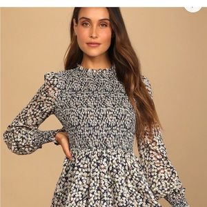 Lulus Floral Forever Navy Blue Print Smocked Slater Dress side L